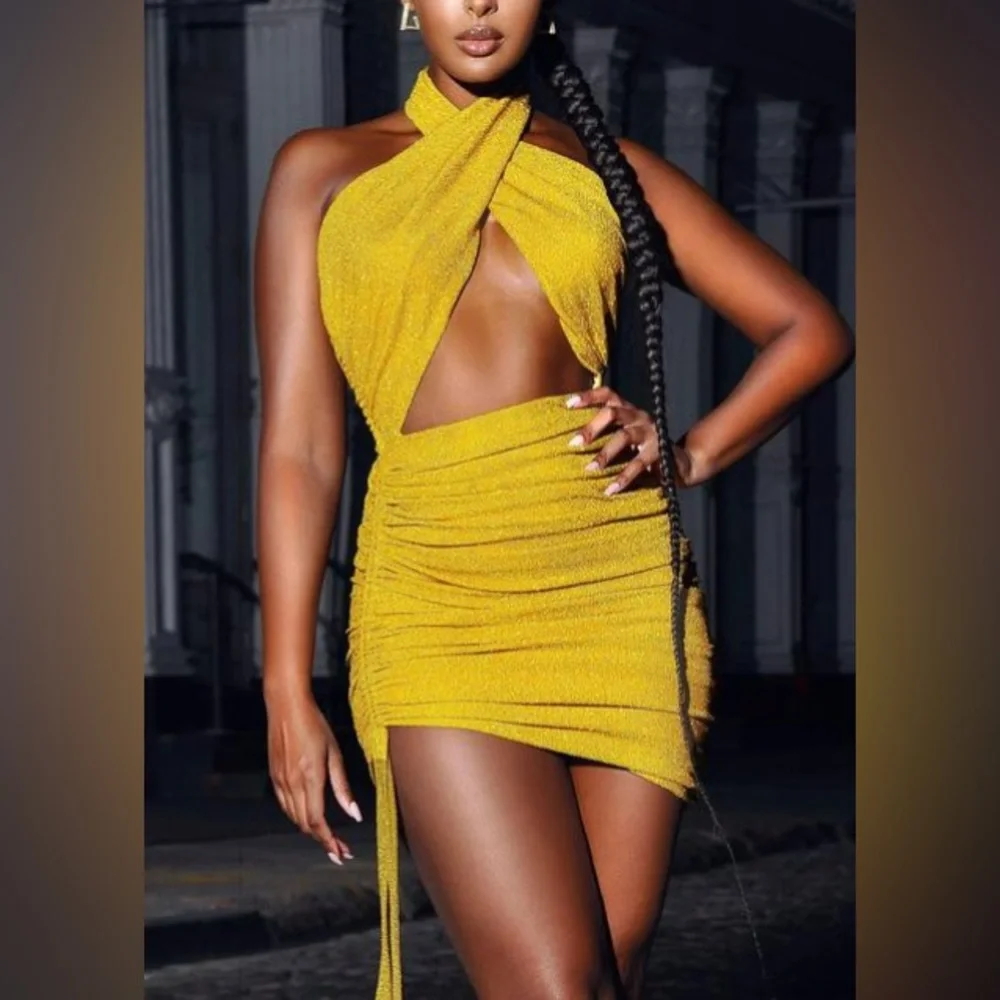 Miss Circle Gold Metallic Twist Neck Mini Dress - Picture 2 of 4